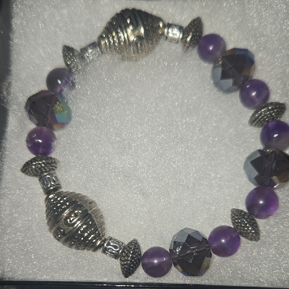 Silver and Purple Beaded Bracelet